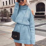 Danjeaner Autumn Winter Turtleneck Off Shoulder Knitted Sweater Dress Women Solid Slim Plus Size Long Pullovers Knitting Jumper