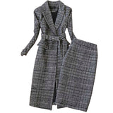 Plaid Suit Women Autumn Winter New Long Woolen Blazer & Skirt Set Temperament Tweed Trench Two Piece Set Plus Size Outfit f1834