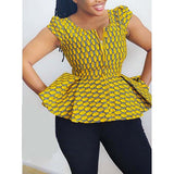 V-Neck Blouse African Fashion Geometric Standard Short Sleeve Vintage Ethnic Elegant Zipper Plus Size Chic Ruffles Tops