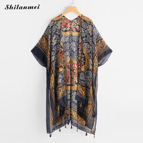 Summer Beach Kimono Long Cardigan Women African Floral Tassel Raglan Blouse Shirt Feminino Vintage Boho Top Kimono Mujer 2019