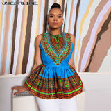 JYConline African Print Blouse Women Tops O Neck Sleeveless Summer Tops Shirts Elegant Slim Waist Ruffle Blouses Blacks Folk Top