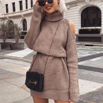 Danjeaner Autumn Winter Turtleneck Off Shoulder Knitted Sweater Dress Women Solid Slim Plus Size Long Pullovers Knitting Jumper